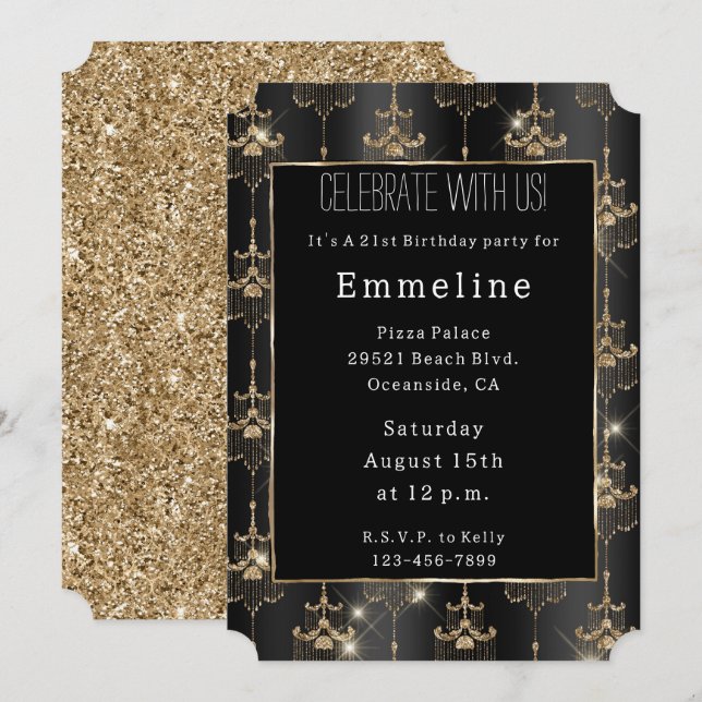 Guld Glam Black Chandeliers Inbjudningar (Fram/baksida)