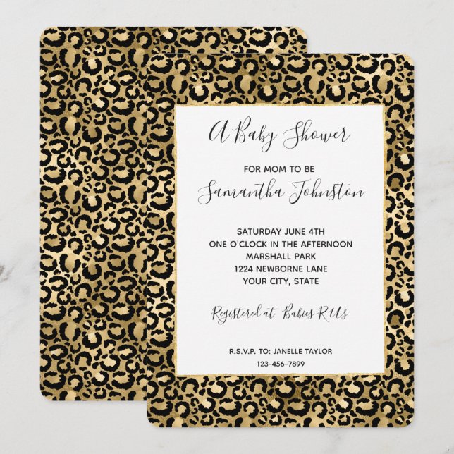 Guld Glam Black Leopard Print Baby Shower Inbjudningar (Fram/baksida)