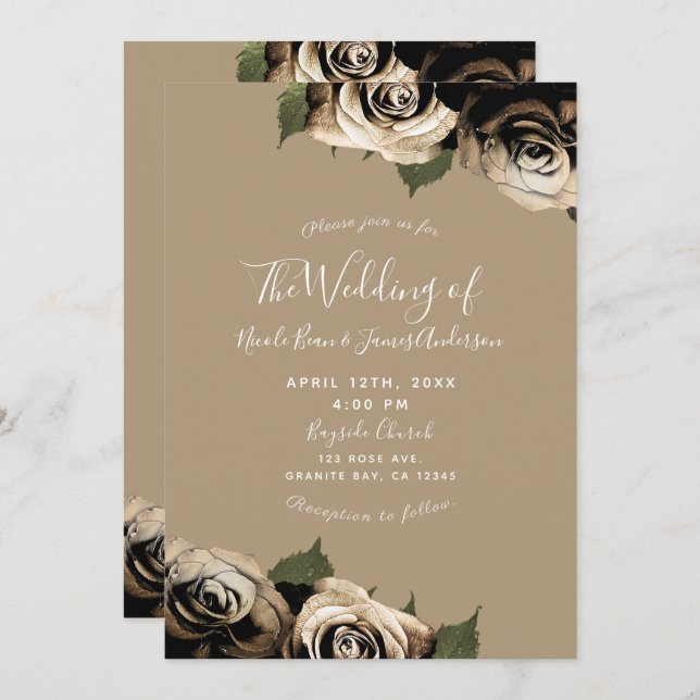 Guld Glam Blommigt Ro Elegant Tan Bröllop Inbjudningar (Fram/baksida)