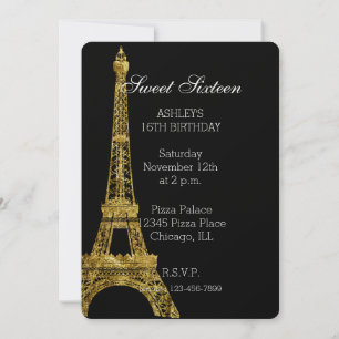 Guld Glam Eiffel Torn Sweet sixteen Inbjudningar