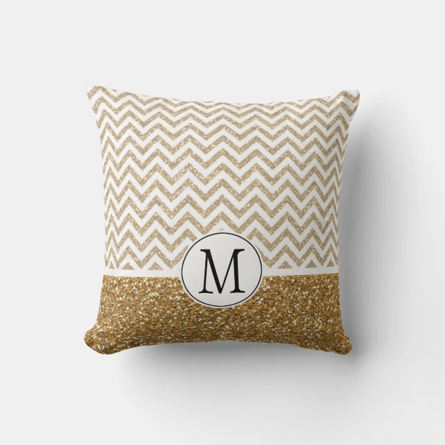Guld Glam Faux Glitter Chevron Kudde (Framsida)