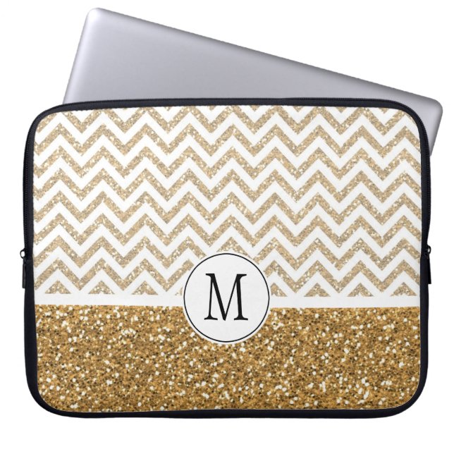 Guld Glam Faux Glitter Chevron Laptop Sleeve (Framsidan)