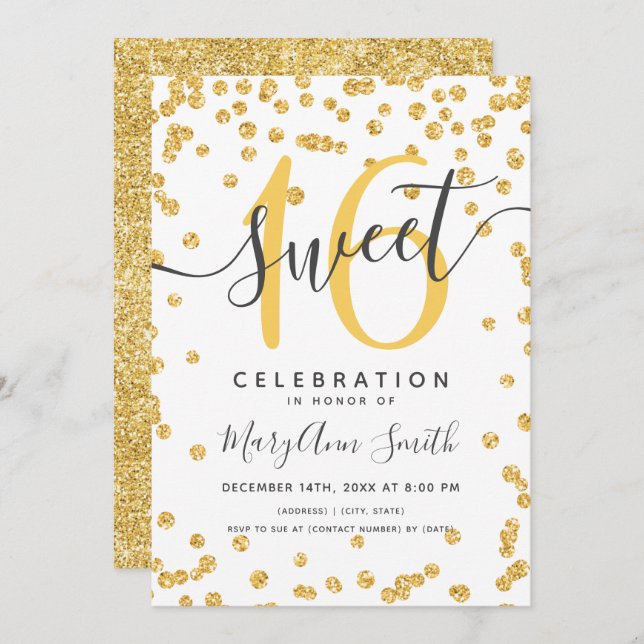 Guld Glam Glitter Confetti 16:e födelsedagen Inbjudningar (Fram/baksida)