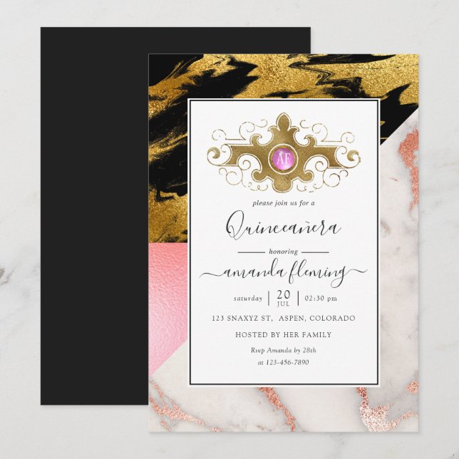 Guld Glam Glitter Marble Monogram Quinceañera Inbjudningar (Fram/baksida)