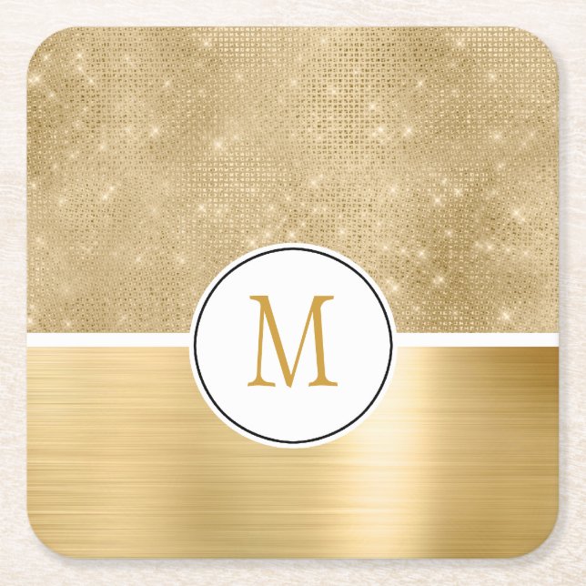 Guld Glam Glitter Monogram Underlägg Papper Kvadrat (Framsidan)