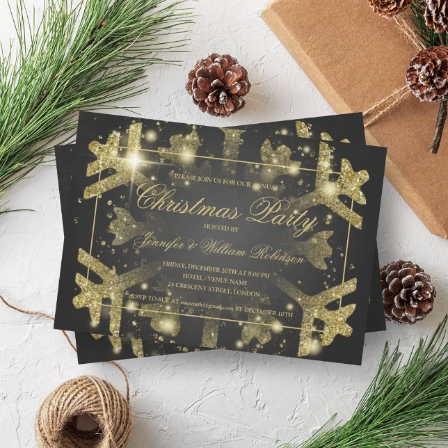 Guld Glam Glitter Snowflake Julafton Helgdag Black Inbjudningar (Gold Glam Glitter Snowflake Xmas Holiday Black Invitation)