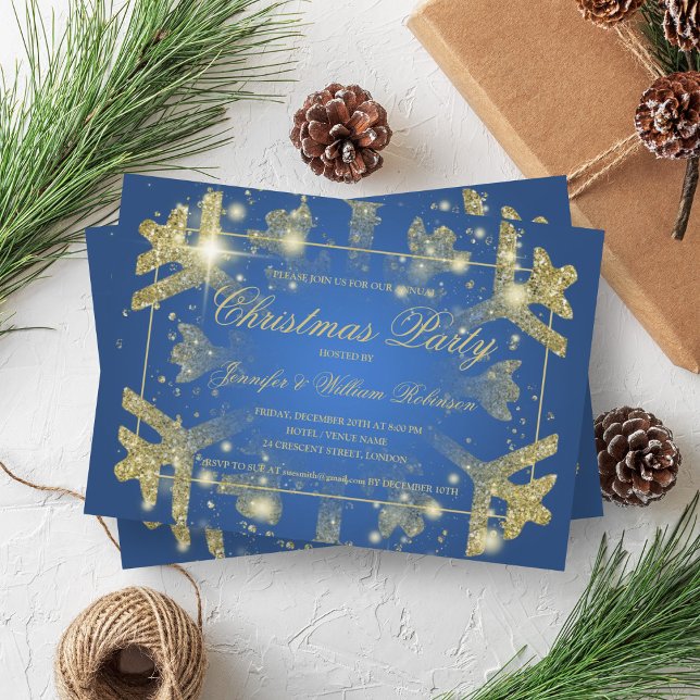 Guld Glam Glitter Snowflake Julafton Helgdag Blue Inbjudningar (Gold Glam Glitter Snowflake Xmas Holiday Blue Invitation)
