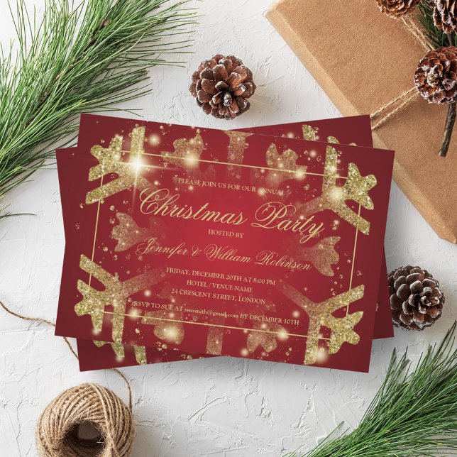 Guld Glam Glitter Snowflake Julafton Helgdag Red Inbjudningar (Gold Glam Glitter Snowflake Xmas Holiday Red Invitation)