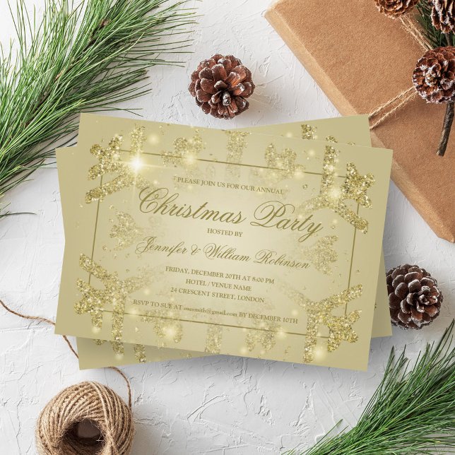 Guld Glam Glitter Snowflake Julafton Julfest Inbjudningar (Gold Glam Glitter Snowflake Xmas Holiday Party Invitation)