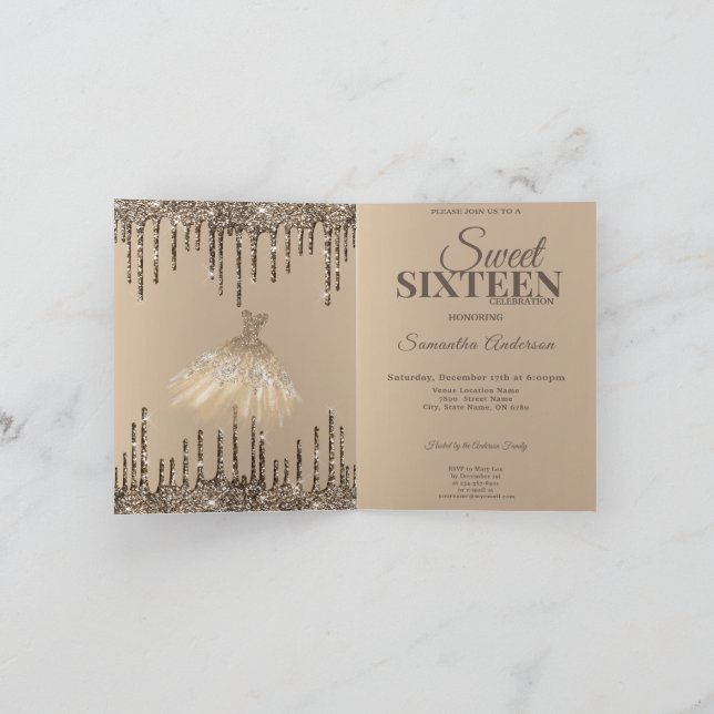 Guld Glam Glitter Spark Sweet 16 Födelsedagsfest Inbjudan (Inuti)
