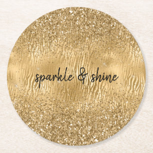 Guld Glam Glitz Zebra tryck Faux Glitter Underlägg Papper Rund