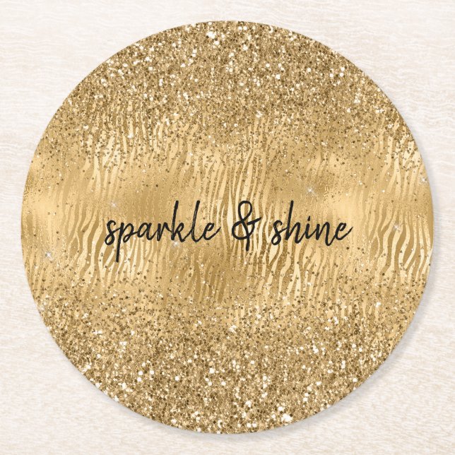 Guld Glam Glitz Zebra tryck Faux Glitter Underlägg Papper Rund (Framsidan)
