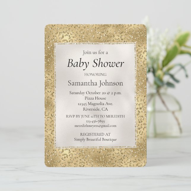 Guld Glam Glitzy Glitter Leopard Baby Shower Inbjudningar (Stående Fram)