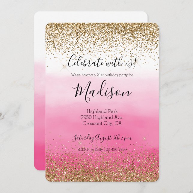 Guld Glam Glitzy Gnistra Glitter Rosa Ombre Inbjudningar (Fram/baksida)