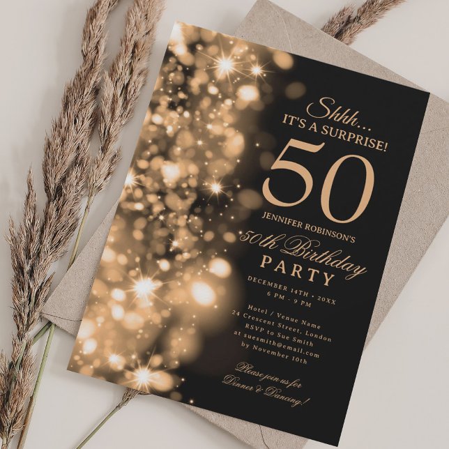 Guld Glam Överraskning 50-årsfest Inbjudningar (Gold Glam Surprise 50th Birthday Party Invitation)