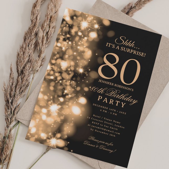 Guld Glam Överraskning 80-årsfest Inbjudningar (Gold Glam Surprise 80th Birthday Party Invitation)