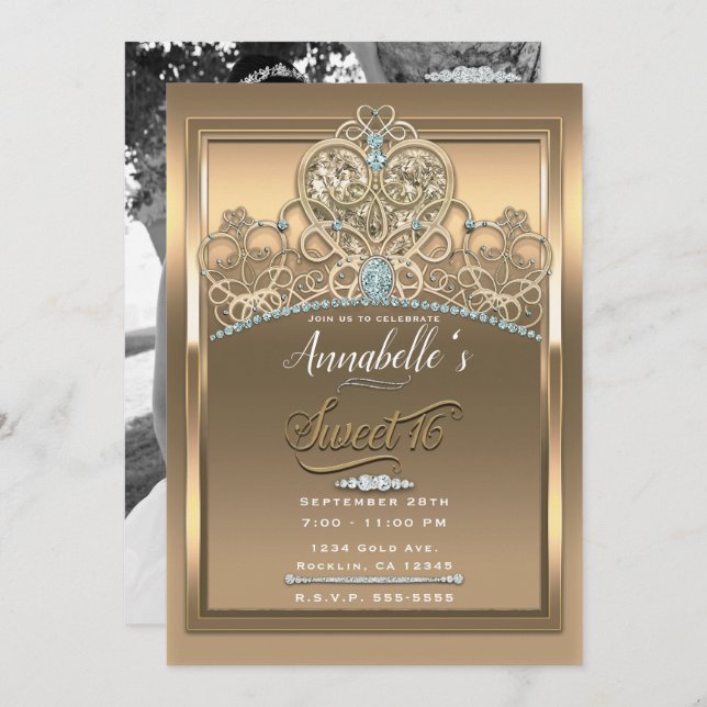 Guld Glam Princess Heart Tiara Sweet 16 Photo Inbjudningar (Fram/baksida)