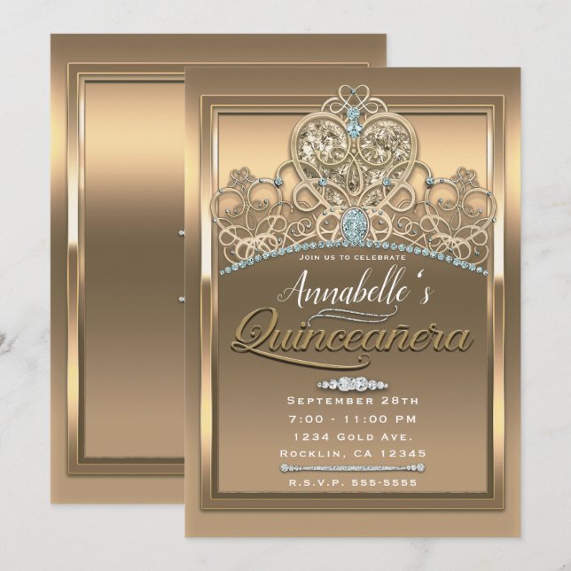 Guld Glam Prinsessa Hjärt Tiara Födelsedagsfest Inbjudningar (Fram/baksida)