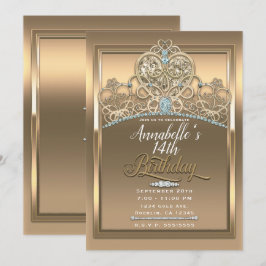 Guld Glam Prinsessa Hjärt Tiara Födelsedagsfirande Inbjudningar