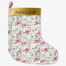 Guld Glam Rosa White Blommigt Hjärtar jul Stor Julstrumpa