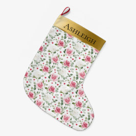 Guld Glam Rosa White Blommigt Hjärtar jul Stor Julstrumpa