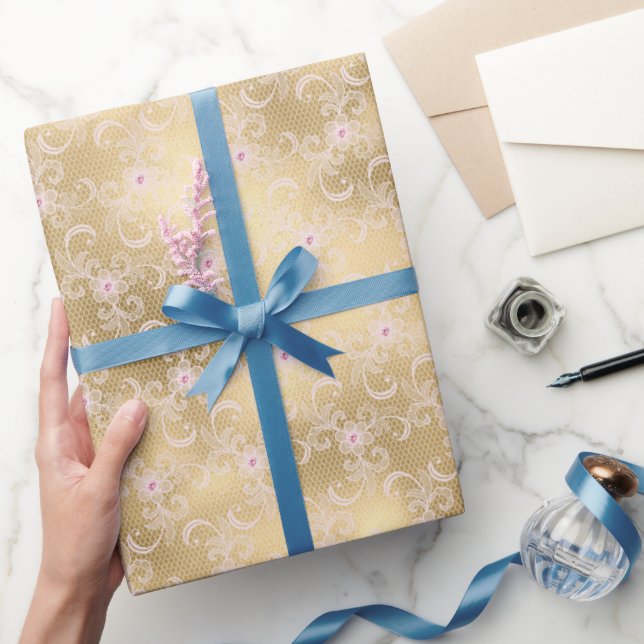 Guld Glam Söt Rosa Blommigt Snöre Möhippa Presentpapper (Gifting)