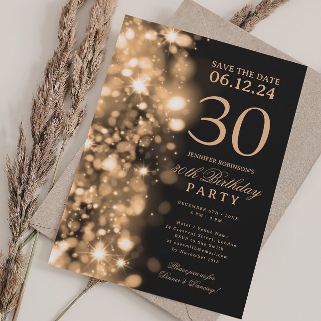 Guld Glam Spara Datum 30-årsfest Inbjudningar (Gold Glam Save The Date 30th Birthday Party Invitation)