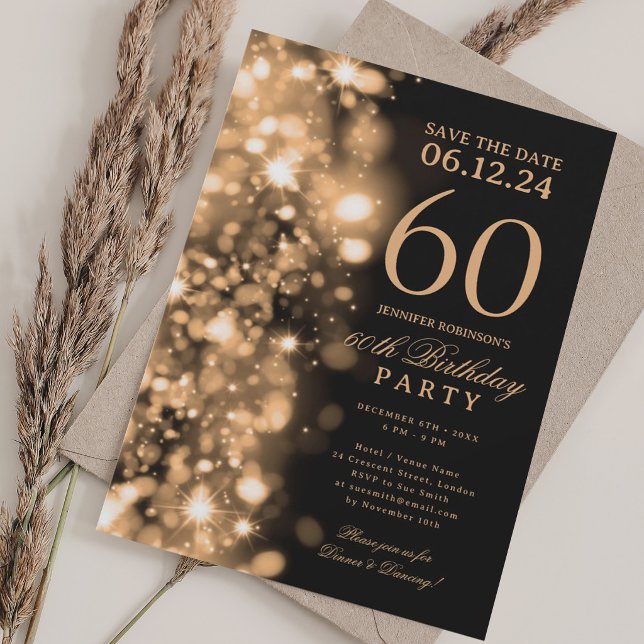 Guld Glam Spara Datum 60-årsfest Inbjudningar (Gold Glam Save The Date 60th Birthday Party Invitation)