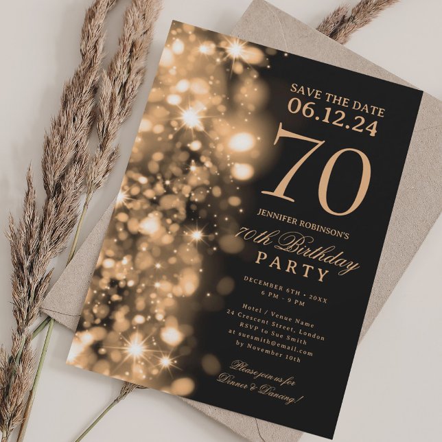 Guld Glam Spara Datum 70-årsfirande Inbjudningar (Gold Glam Save The Date 70th Birthday Party Invitation)