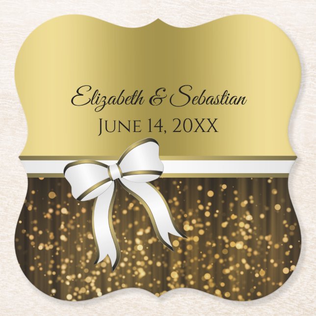 Guld Glam Sparkles & White Ribbon Elegant bröllop Underlägg Papper (Framsida)