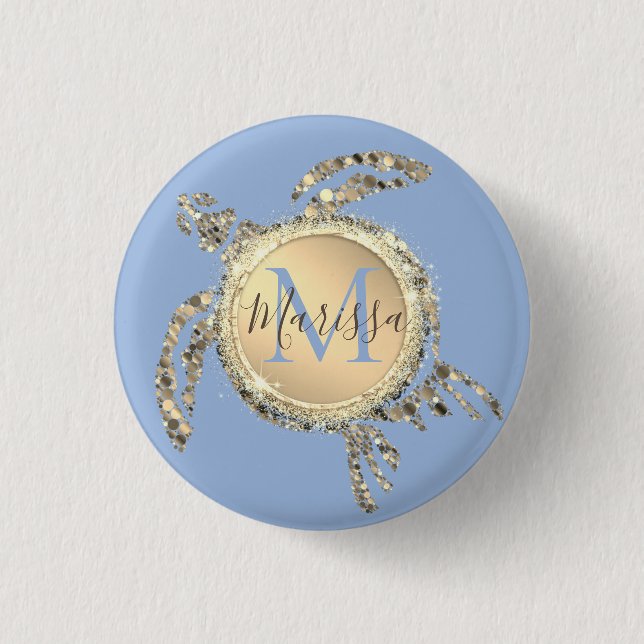 Guld Glam Turtle Monogram Button Knapp (Framsida)