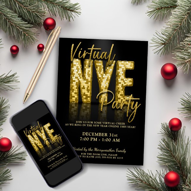 Guld Glam Virtuell Nyårsafton Party Inbjudningar (Gold Glam Virtual New Years Eve Party Invitation)