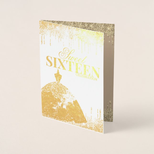 Guld Glamor Glitter Spark Drip Sweet 16 Birthday Folierat Kort (Framsida)