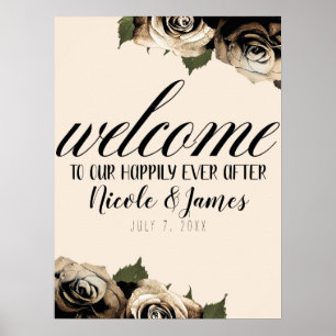 Guld Glamour Blommiga Rosor Eleganta Elfenbens Chi Poster