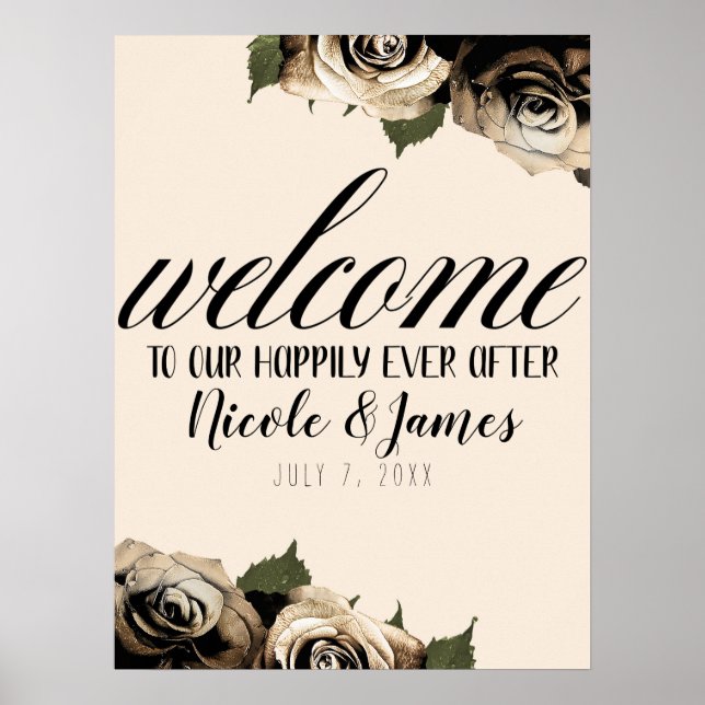 Guld Glamour Blommiga Rosor Eleganta Elfenbens Chi Poster (Framsidan)