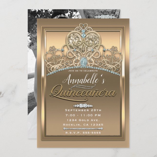 Guld Glamour Prinsessa Hjärt Tiara Quinceañera Fot Inbjudningar (Fram/baksida)