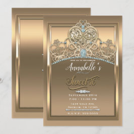 Guld Glamour Prinsessa Hjärt Tiara Söt 16 Festligh Inbjudningar