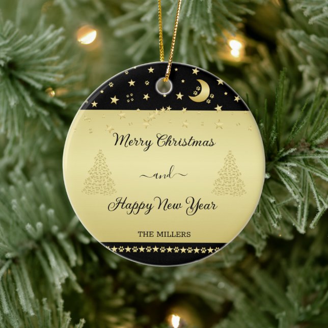 Guld glänsande julstjärnor, tassar på guld och sva julgransprydnad keramik (Träd)