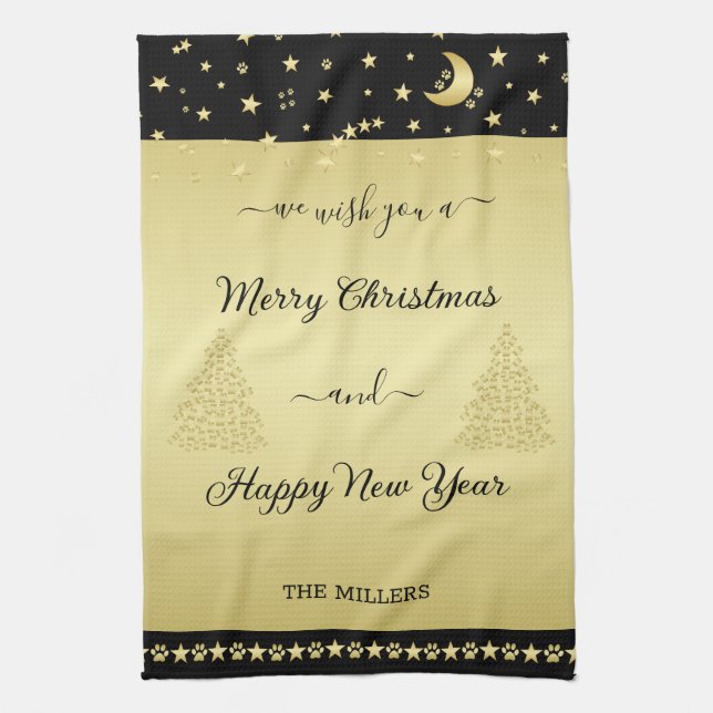 Guld glänsande julstjärnor, tassar på guld och sva kökshandduk (Vertikal)