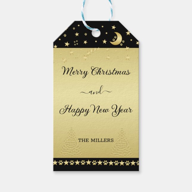 Guld glänsande julstjärnor, tassar på guld och sva presentetikett (Framsidan)