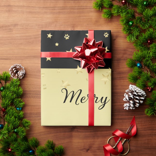 Guld glänsande julstjärnor, tassar på guld och sva presentpapper (Julgåva)