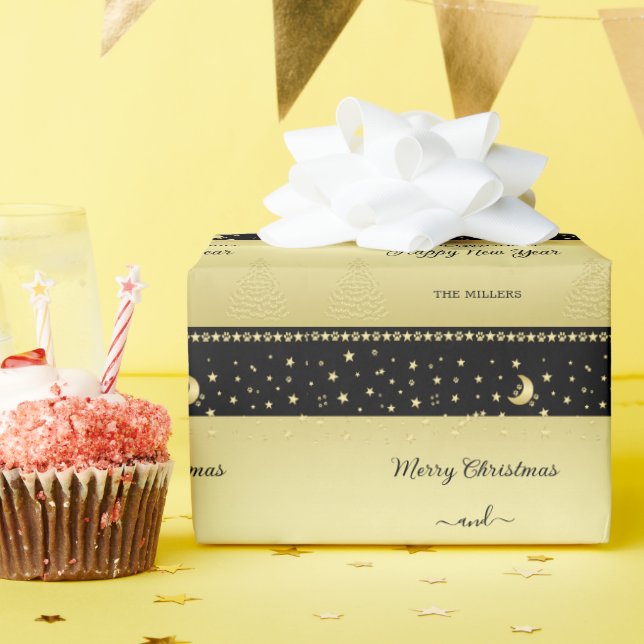 Guld glänsande julstjärnor, tassar på guld och sva presentpapper (Födelsedagsfest)