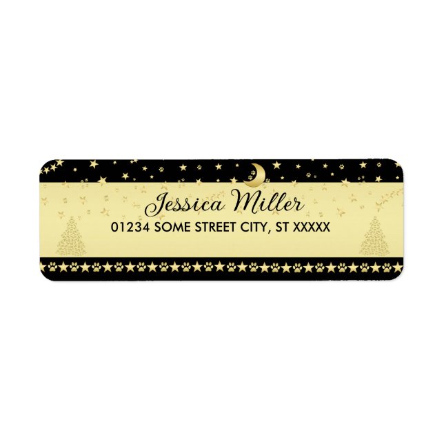 Guld glänsande julstjärnor, tassar på guld och sva returadress etikett (Framsidan)