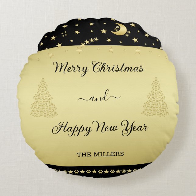 Guld glänsande julstjärnor, tassar på guld och sva rund kudde (Framsidan)