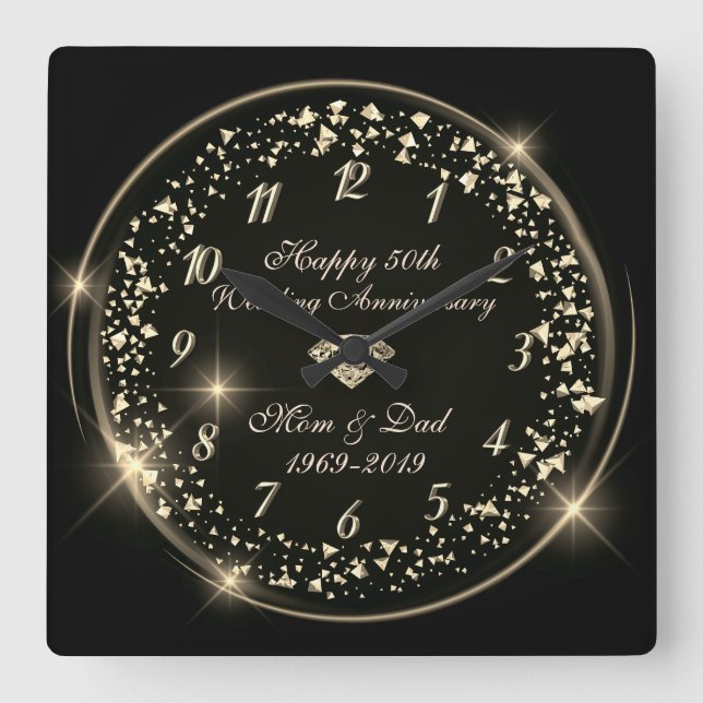 Guld Glänsande Konfetti,Svart 50-års Bröllopsjubil Fyrkantig Klocka (Framsida)