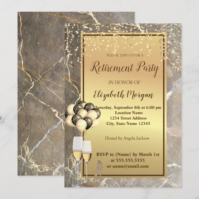Guld, glas,ballonger,Marble Pension Party Inbjudningar (Fram/baksida)