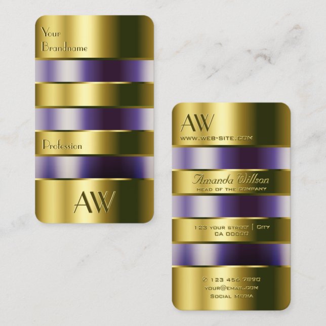 Guld Glass Lila Liquids Faux Engrave Brev Visitkort (Fram/baksida)