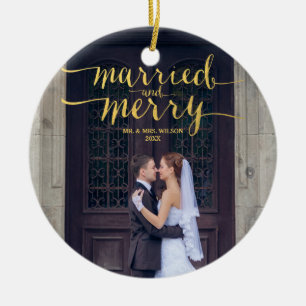 Guld- glatt och gift nygift personhelgdagfoto julgransprydnad keramik