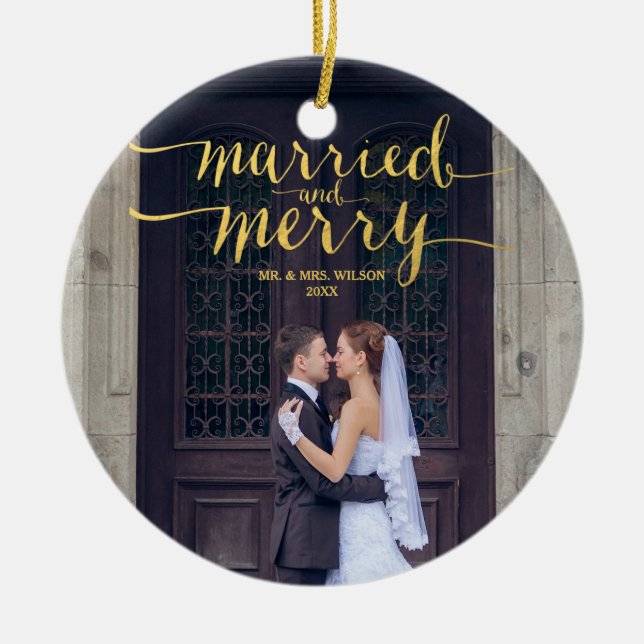 Guld- glatt och gift nygift personhelgdagfoto julgransprydnad keramik (Framsidan)