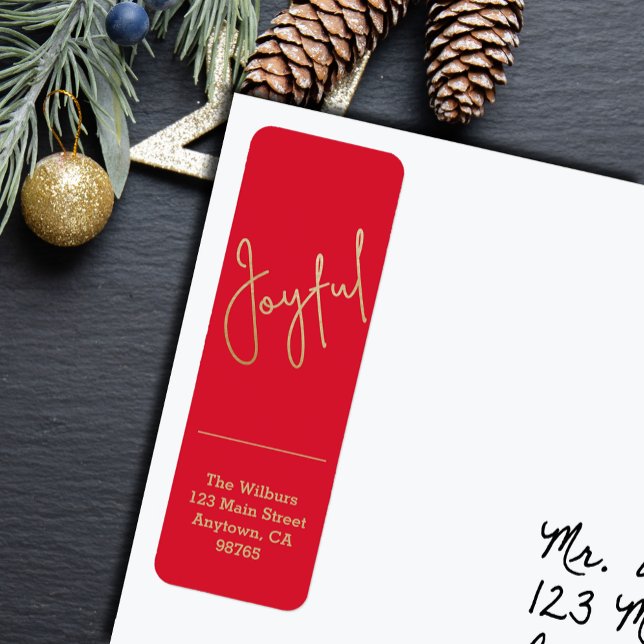 Guld GLATT om Röda julen Returadress Etikett (Gold script JOYFUL on red Christmas holiday vertical skinny return address labels
)